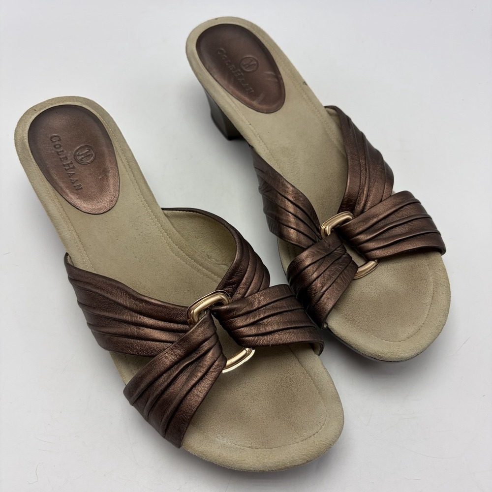 Cole Haan Wedge Sandals Womens 9.5 B Slip On Metallic Brown Brazil